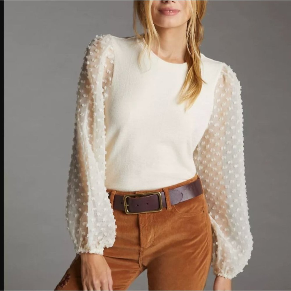 Anthropologie Maeve Cream Textured Long Sleeve Sleeve Knit Top Current Season M - Picture 1 of 10